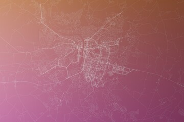 Map of the streets of Vitebsk (Belarus) made with white lines on pinkish red gradient background. Top view. 3d render, illustration