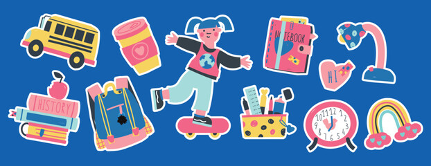 Set of school supplies and little cute girl. Back to school. Children's subjects. Vector illustration in a flat style. hand drawn stickers collection. back to school drawing illustrations. 