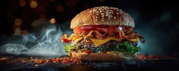 Delicious gourmet cheeseburger with crispy bacon, fresh lettuce, and juicy tomato, perfect for a tasty meal. Close-up shot with a smoky background.