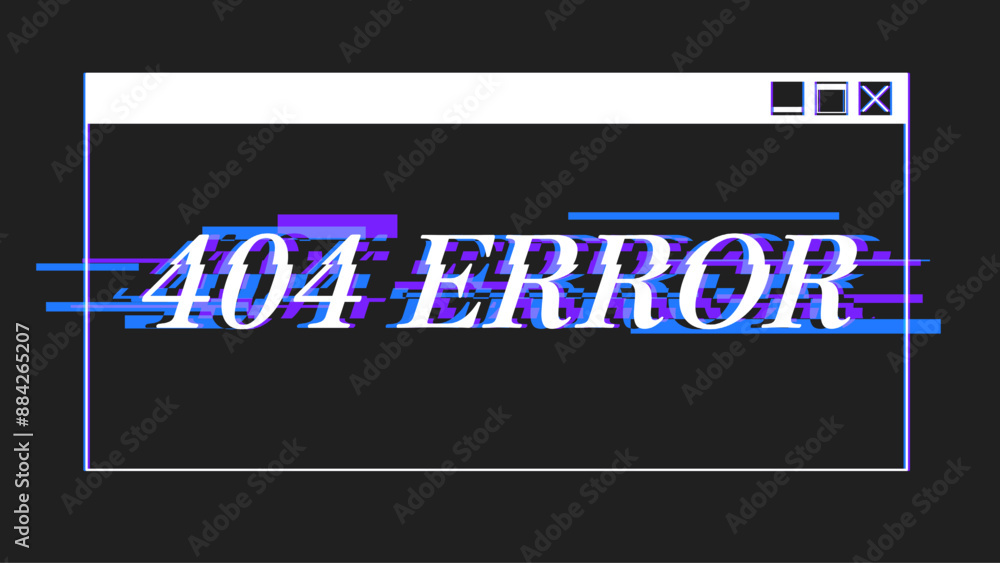Poster white interface dialog and 404 error typography with blue and purple glitch effects