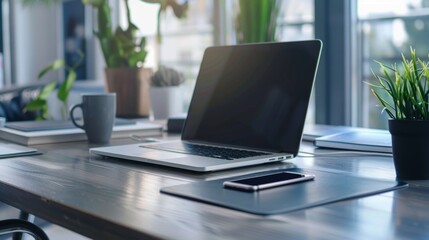 Modern Office Workspace with Laptop, Smartphone, and Plants.