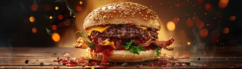Delicious juicy cheeseburger with bacon and lettuce on a sesame seed bun with a rich background of warm and vibrant colors.