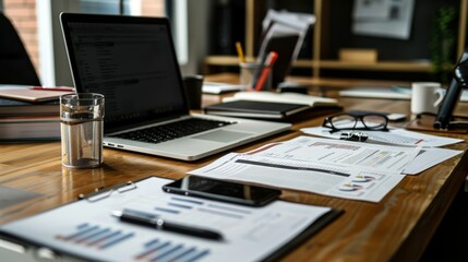 Laptop, Papers, and Glasses on a Wooden Desk.
