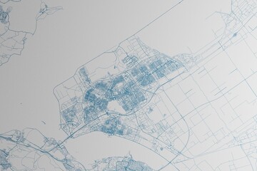 Map of the streets of Almere (Netherlands) made with blue lines on white paper. 3d render, illustration
