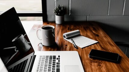 Laptop, Coffee and Notepad on Wooden Table.