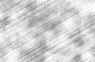 Triangular halftone texture retro wave vector. Geometric technology abstract diagonal dotted background. Half tone triangles retro comic pattern. Minimal 80s style dynamic tech structure wallpaper.