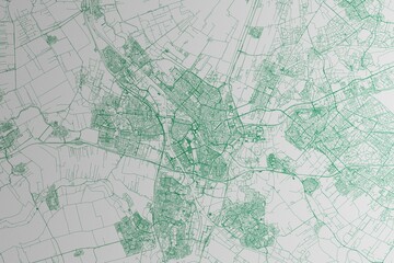 Map of the streets of Utrecht (Netherlands) made with green lines on white paper. 3d render, illustration
