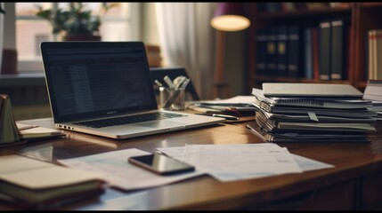 Laptop, Phone, and Papers on Wooden Desk