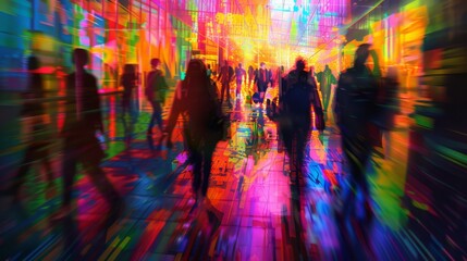Colorful Light Hallway with People Walking