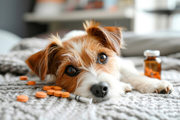 Portrait of dog next to pills on the table in a veterinary clinic. Health care concept