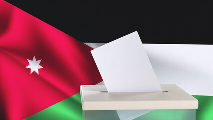 Blank ballot with space for text or logo is dropped into the ballot box against the background of the flag of Jordan. Election concept. 3D rendering. Mock up