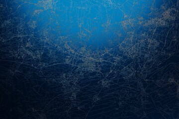 Street map of Katowice (Poland) engraved on blue metal background. View with light coming from top. 3d render, illustration