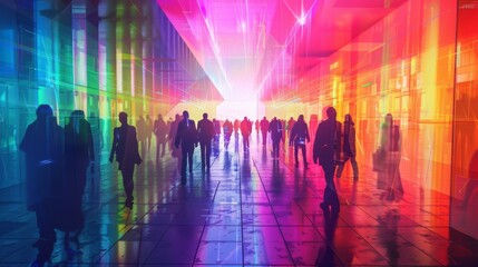 People Walking Down Hallway with Colorful Lights