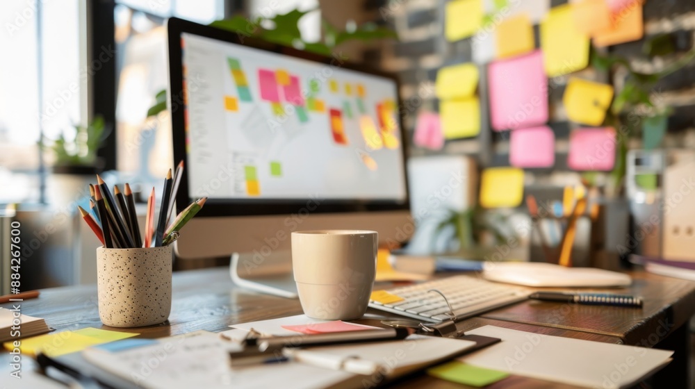 Poster creative workspace with colorful post-it notes.