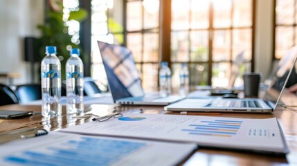 Business Meeting Table with Water Bottles, Laptop, and Charts.