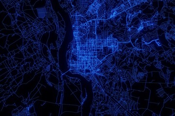 Street map of Tomsk (Russia) made with blue illumination and glow effect. Top view on roads network