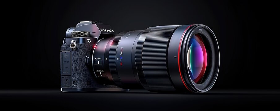 A camera with a black Samyang lens on a black background