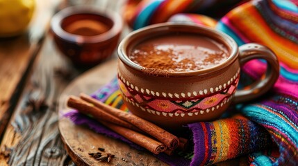 Mexican Hot Chocolate with Cinnamon Sticks and Colorful Tablecloth