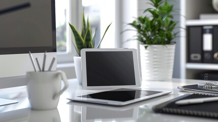 White Tablet Computer on Modern Desk.