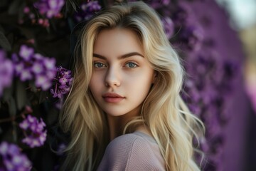 Naklejka premium Young blonde woman posing with a backdrop of vibrant purple blooms