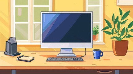 Cartoon Office Desk with Computer, Keyboard, and Cup of Coffee.