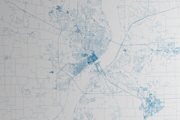 Map of the streets of Peoria (Illinois, USA) made with blue lines on white paper. 3d render, illustration