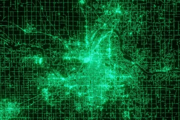 Map of the streets of Grand Rapids (Michigan, USA) made with green illumination and glow effect. Top view on roads network. 3d render, illustration
