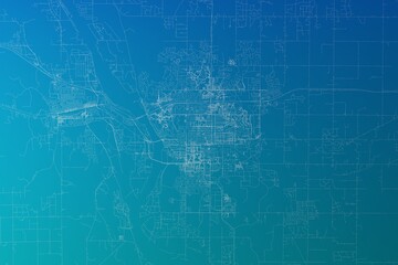 Map of the streets of Bismarck (North Dakota, USA) made with white lines on greenish blue gradient background. 3d render, illustration
