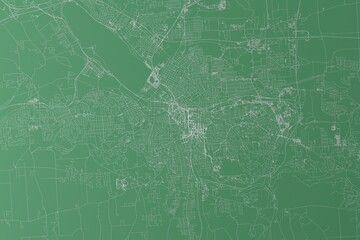 Stylized map of the streets of Syracuse (New York, USA) made with white lines on green background. Top view. 3d render, illustration