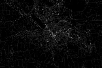 Stylized map of the streets of Syracuse (New York, USA) made with white lines on black background. Top view. 3d render, illustration