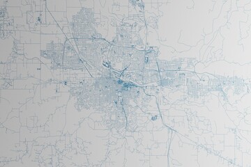 Map of the streets of Eugene (Oregon, USA) made with blue lines on white paper. 3d render, illustration