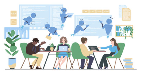 Program code development with help of AI, artificial intelligence tools for coding. Tiny programmers work on laptops, develop software or mobile app code, robots assist cartoon vector illustration