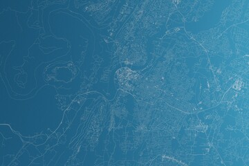 Map of the streets of Chattanooga (Tennessee, USA) made with white lines on blue paper. Rough background. 3d render, illustration