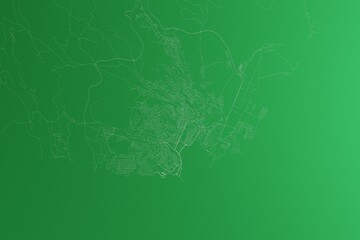 Map of the streets of Praia (Cape Verde) made with white lines on green paper. Rough background. 3d render, illustration