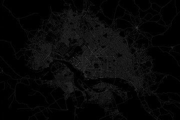Stylized map of the streets of N'Djamena (Chad) made with white lines on black background. Top view. 3d render, illustration