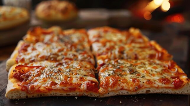 Close-up of delicious cheesy square pizza slices topped with herbs, perfect for an appetizing meal or snack.