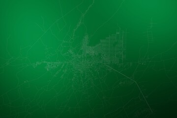 Map of the streets of Kandahar (Afghanistan) made with white lines on abstract green background lit by two lights. Top view. 3d render, illustration
