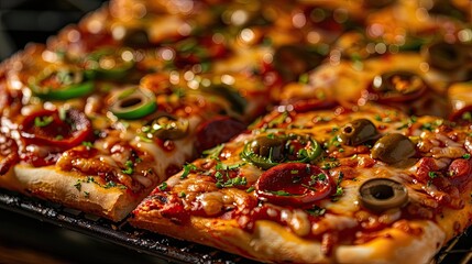 Close-up of a delicious homemade pizza topped with olives, pepperoni, jalapenos, and melted cheese, fresh from the oven.