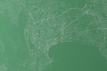 Stylized map of the streets of Baku (Azerbaijan) made with white lines on green background. Top view. 3d render, illustration