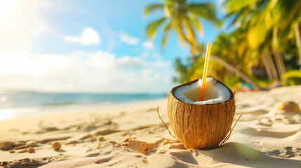 Obraz premium Refreshing Coconut Drink on Tropical Beach - A refreshing coconut drink with a straw, placed on a sandy tropical beach under a bright blue sky