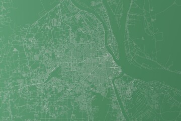 Stylized map of the streets of Phnom Penh (Cambodia) made with white lines on green background. Top view. 3d render, illustration