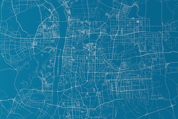 Map of the streets of Changsha (China) made with white lines on blue background. 3d render, illustration