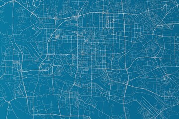 Fototapeta premium Map of the streets of Foshan (China) made with white lines on blue background. 3d render, illustration