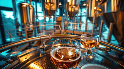 A glass of beer sits on a table in a brewery
