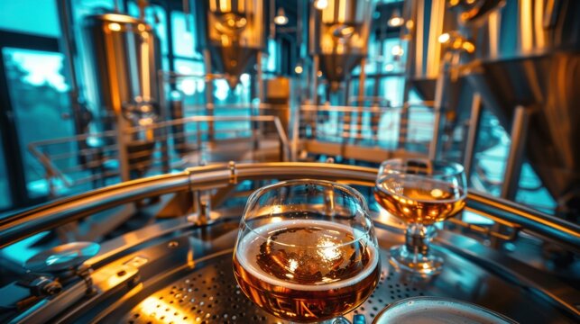 A glass of beer sits on a table in a brewery