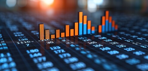 A yellow and blue trading chart displayed above the binary code and a blur effect background