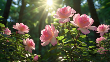 Obraz premium Elegant Camellia Blossoming Under Sunlight in Nature Forest.