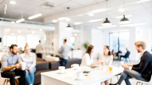 Startup Coffee Break Blur - A relaxed blurred scene of startup employees taking a coffee break in a lounge area.
