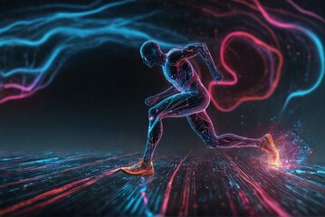 3D rendering man running futuristic city street night