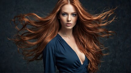 Fototapeta premium portrait young woman long flowing red hair She